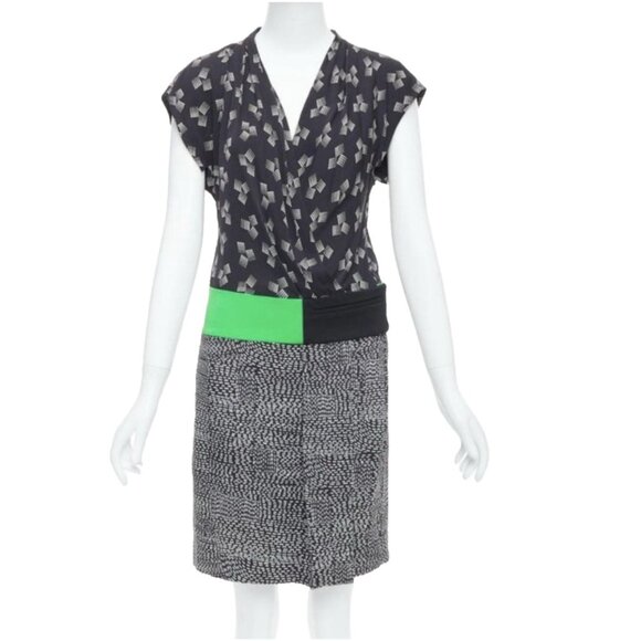 Diane von Furstenberg DVF Stretch Silk Dress 2 Black Green Ivory Short Sleeve - Picture 2 of 16